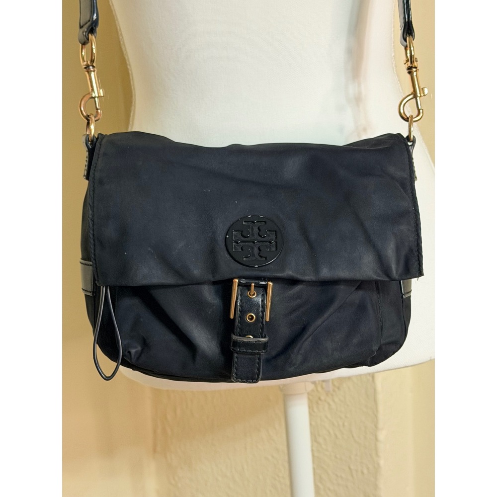 Tory Burch Black Nylon Messenger Crossbody Bag Gold Hardware Logo Buckle
